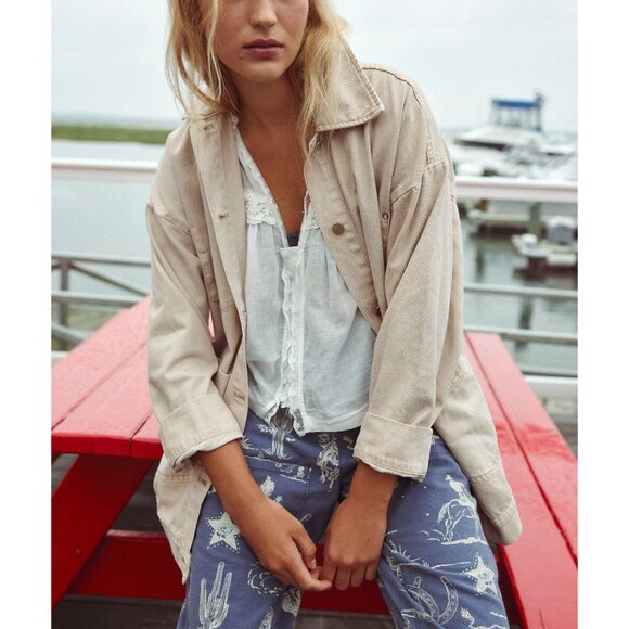 🆕 FREE PEOPLE We The Free Avery Denim Jacket / Softest Sand XL NWT - Picture 7 of 12